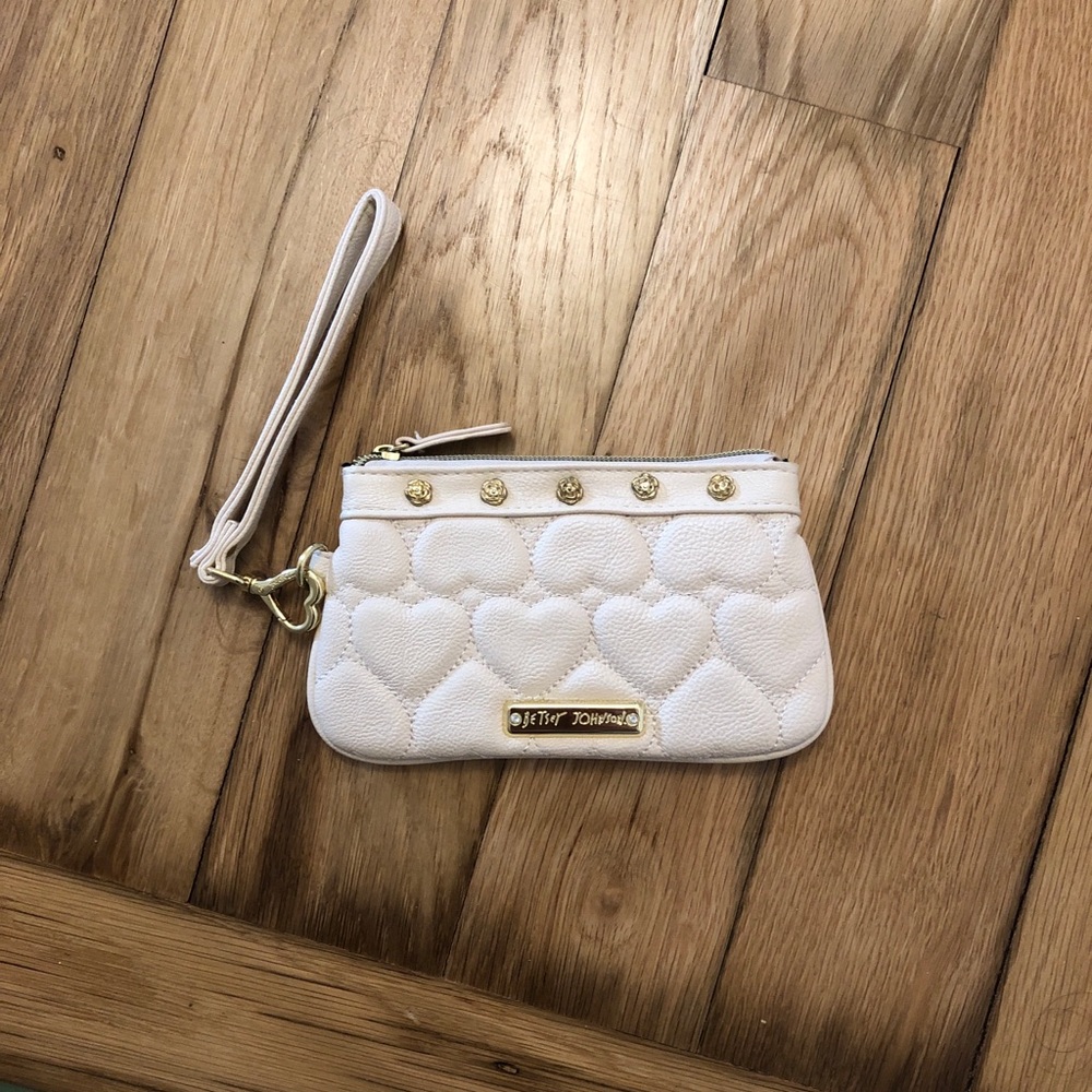 Betsey Johnson Cream Quilted Heart Wristlet with Gold Accents